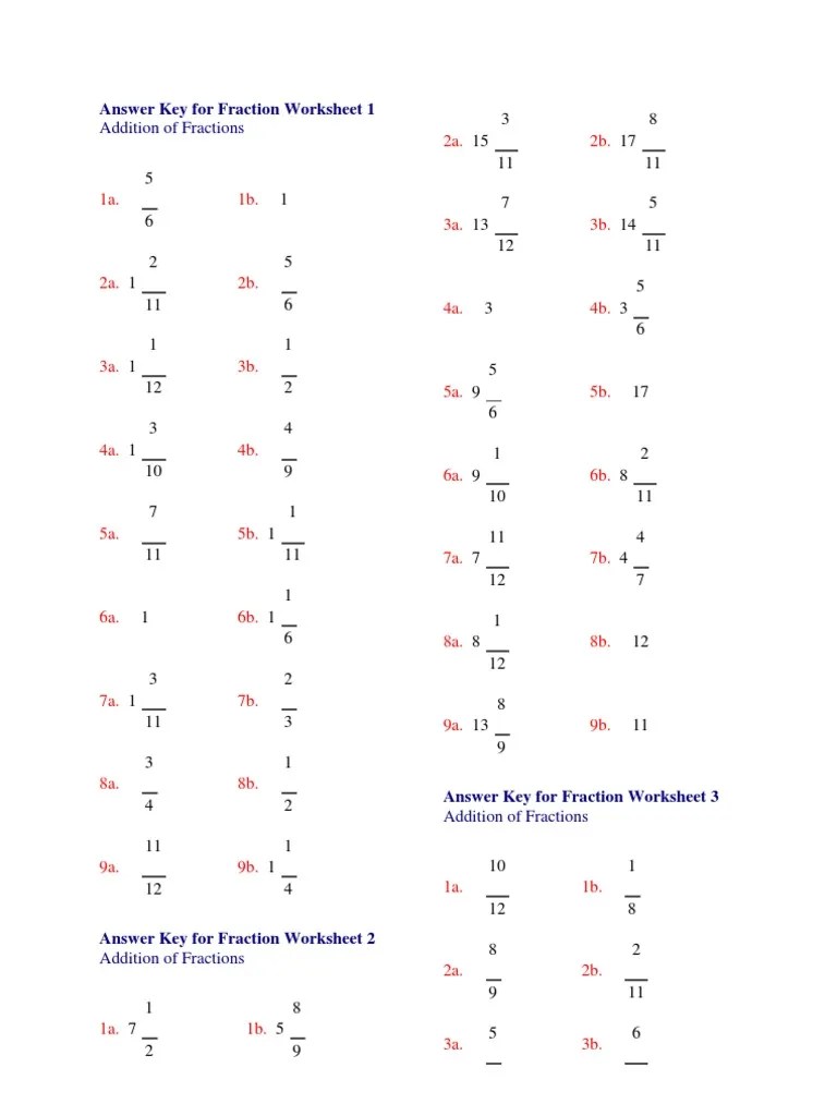 answer key for fraction worksheet 1 std 3 arithmetic