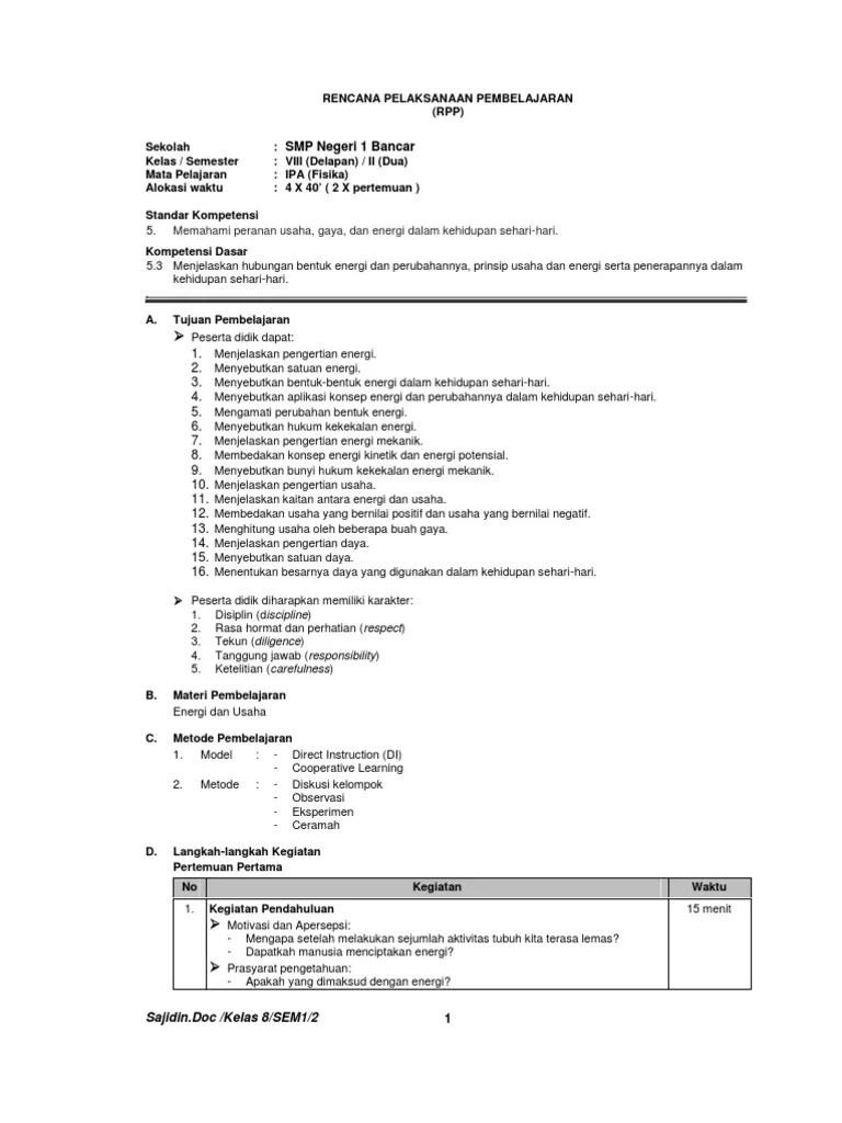 Rencana pelaksanaan pembelajaran mata pelajaran : Materi Fisika Kelas 8 Semester 1 Sedang