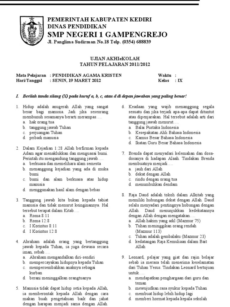 Soal uas pas agama kristen sd kelas 4 smt 2 kk 2013 revisi 2018 latihan soal dan kunci jawaban usbn tik smp mts pendidikan. Soal Ujian Agama Kristen Kelas 9 Pdf