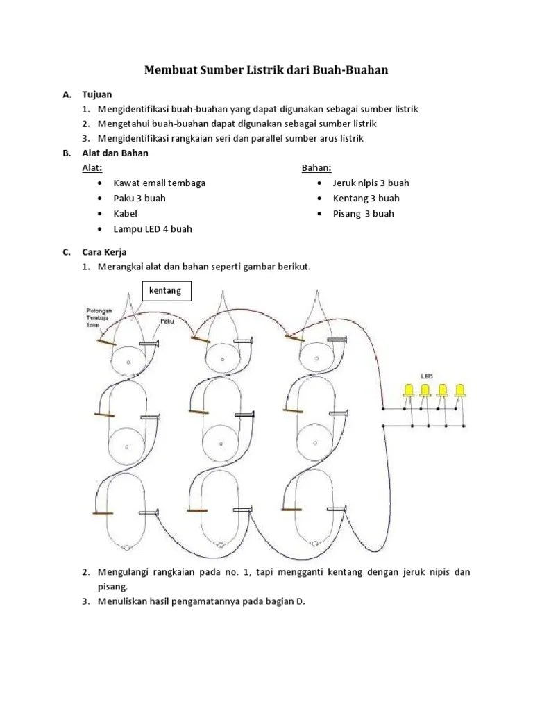 Dan kabel dihubungkan ke lampu led dengan menggunakan jepitan buaya. Lks Praktikum Sumber Listrik Dari Buah Pdf