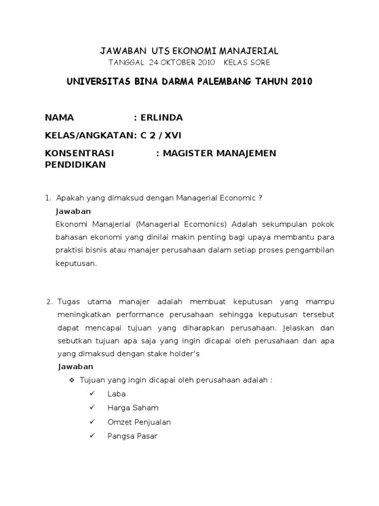 3 4 dan 6 ekonomi mikro 5. Contoh Soal Ekonomi Manajerial