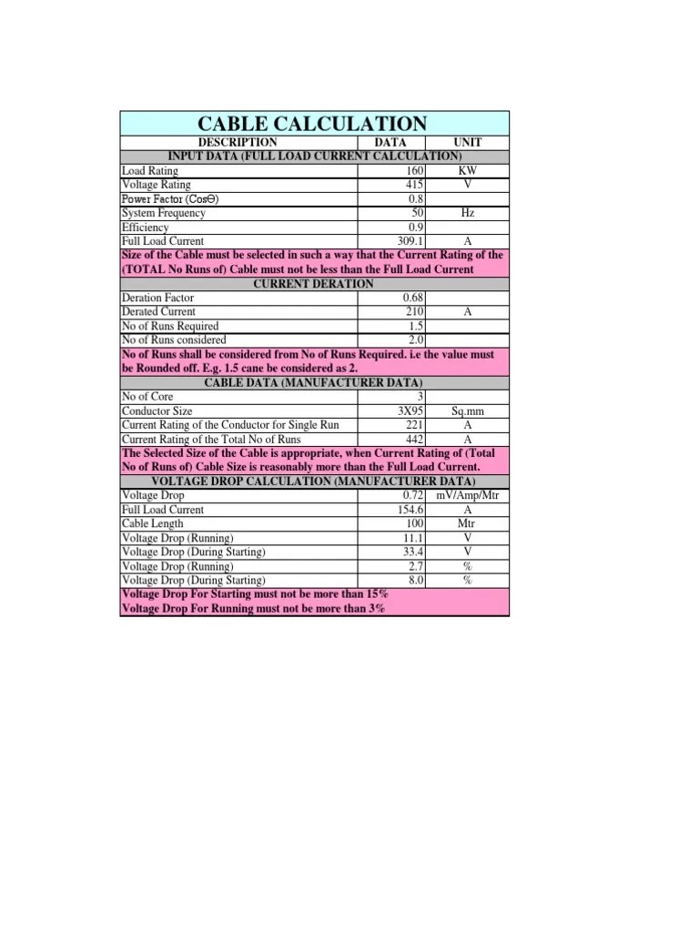 Cable Sizing Calculation | PDF