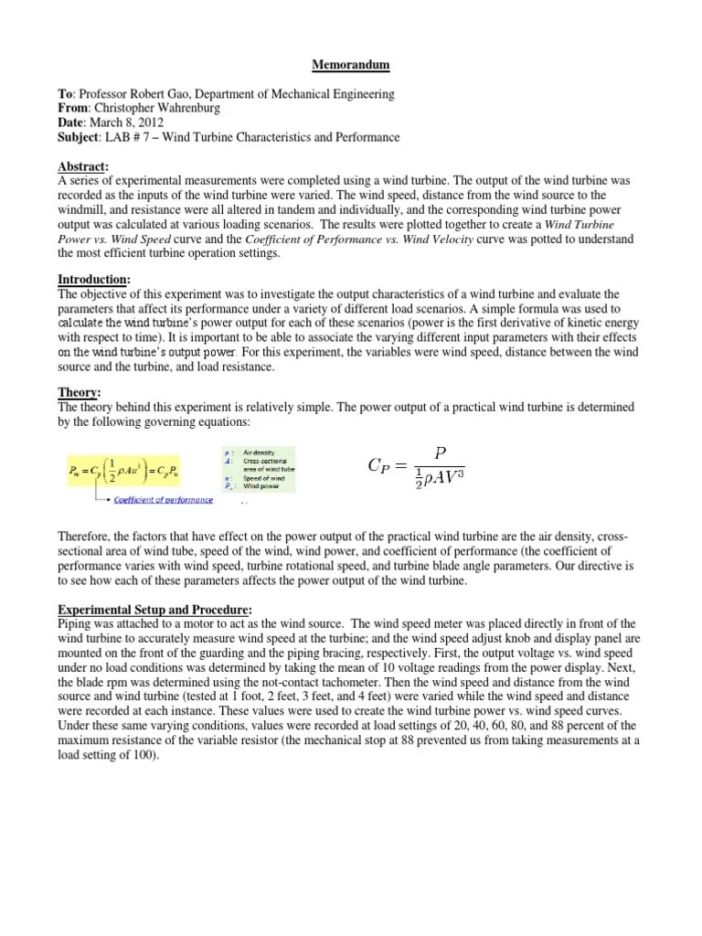 Wind Turbine Efficiency Experiment | PDF | Power (Physics) | Wind Power
