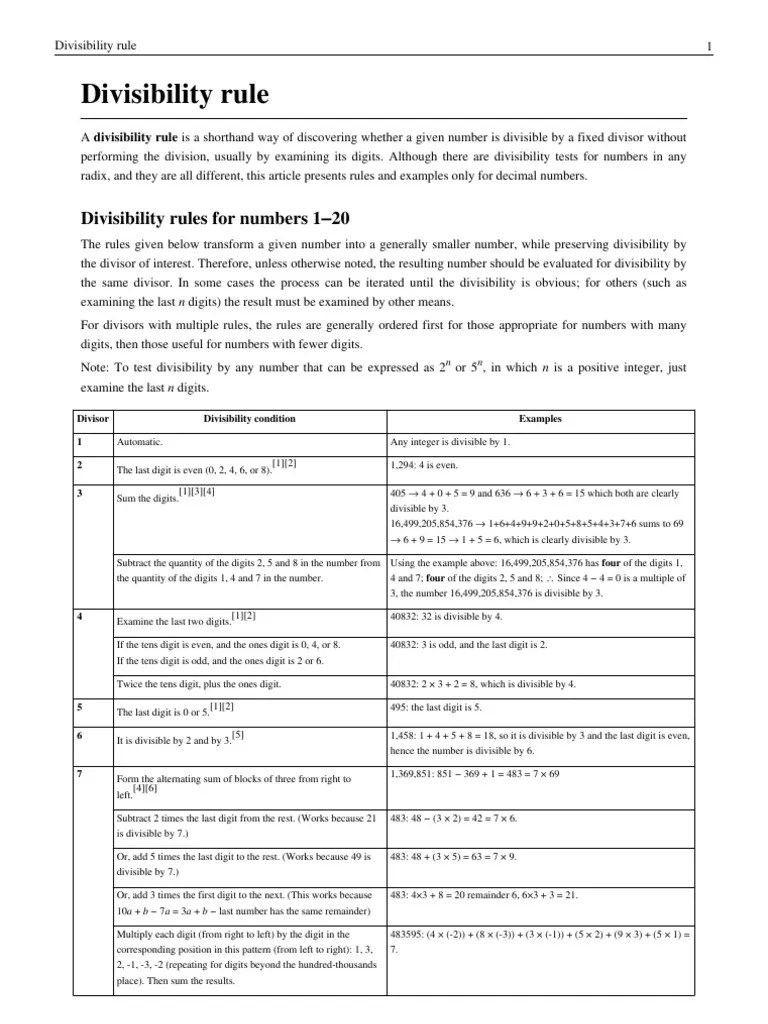 Divisibility Rule: Divisibility Rules For Numbers 1-20 | PDF | Numbers ...