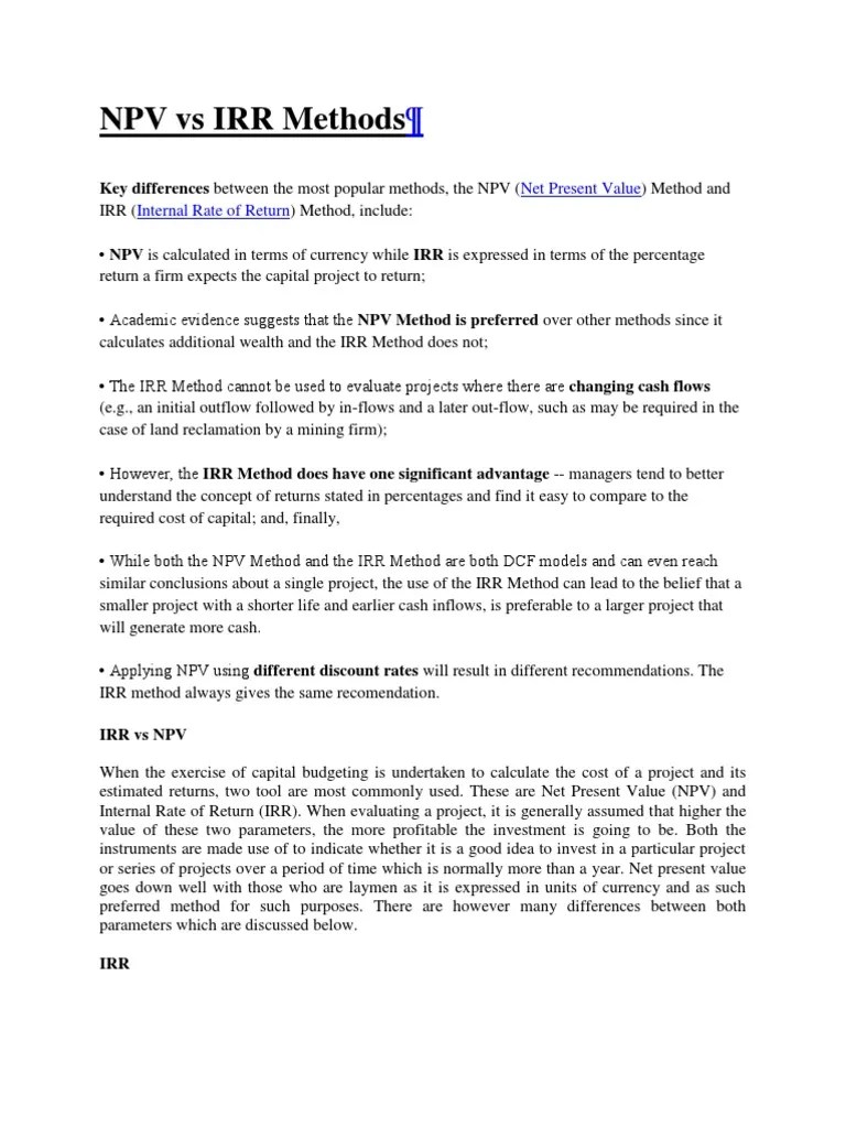 NPV Vs IRR Methods | PDF | Internal Rate Of Return | Capital Budgeting