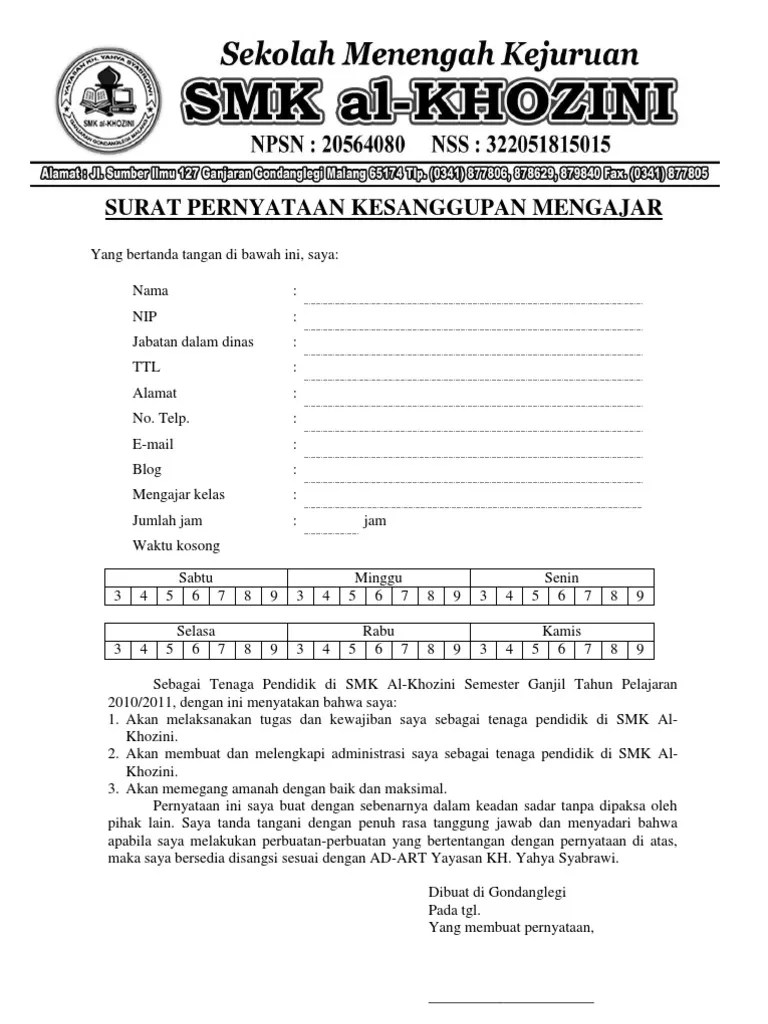 Surat Pernyataan Kesanggupan Mengajar Doc Document 