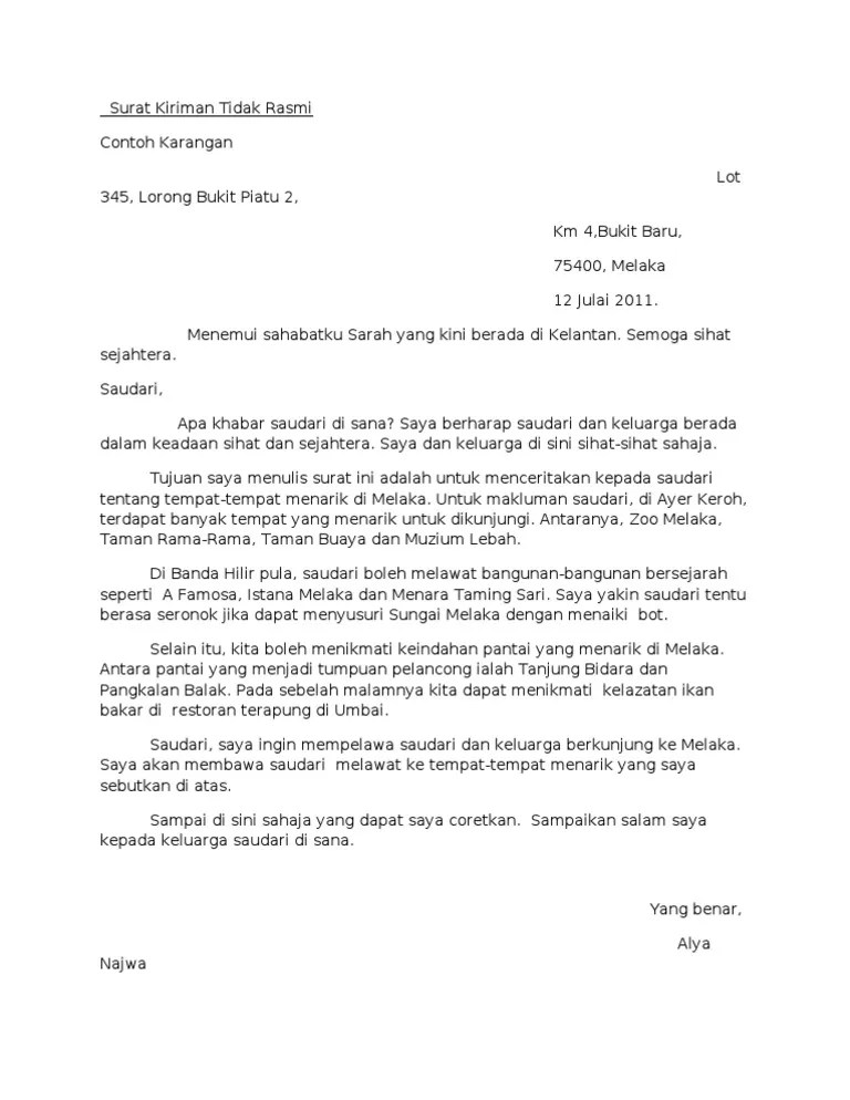 Format dan contoh penulisan surat kiriman tidak rasmi untuk pelajar upsr, pt3, spm dan stpm berserta contoh karangan terbaik. Surat Kiriman Tidak Rasmi Pdf
