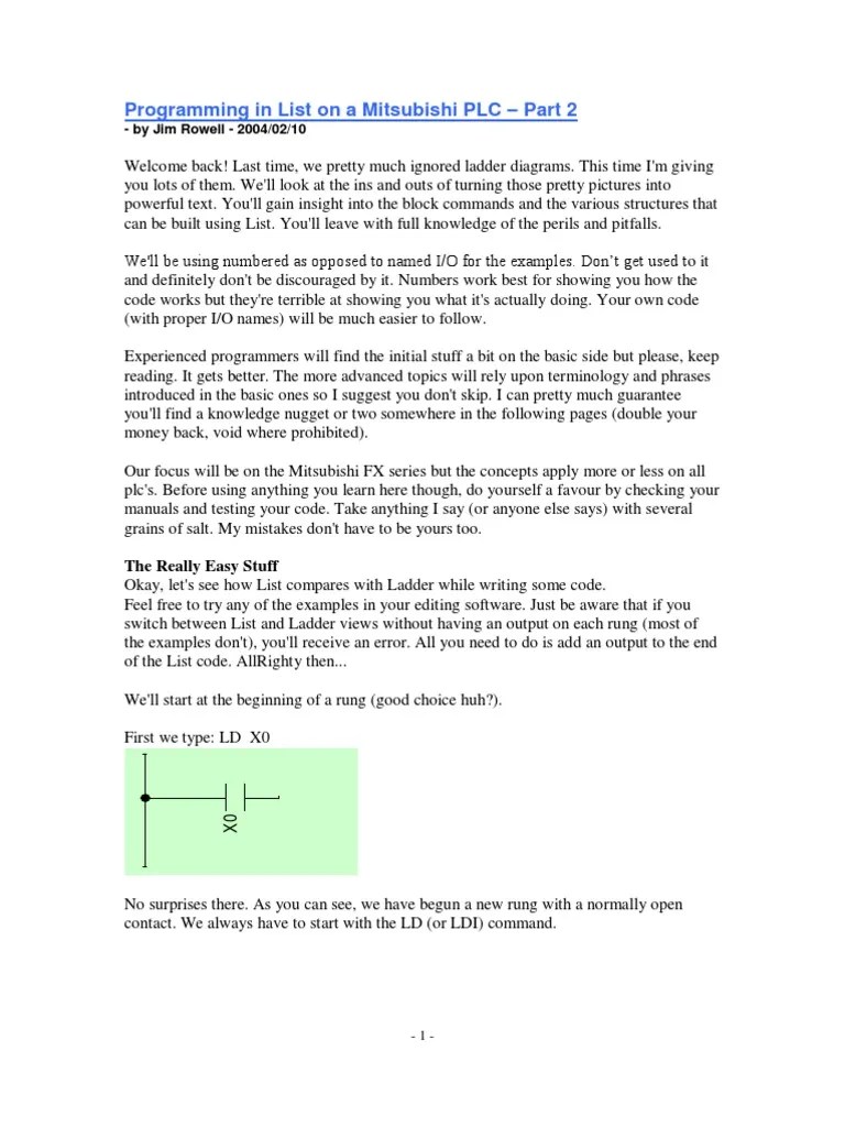 Programming In List On A Mitsubishi PLC - Part 2 PDF | PDF | Programmable Logic Controller | Relay