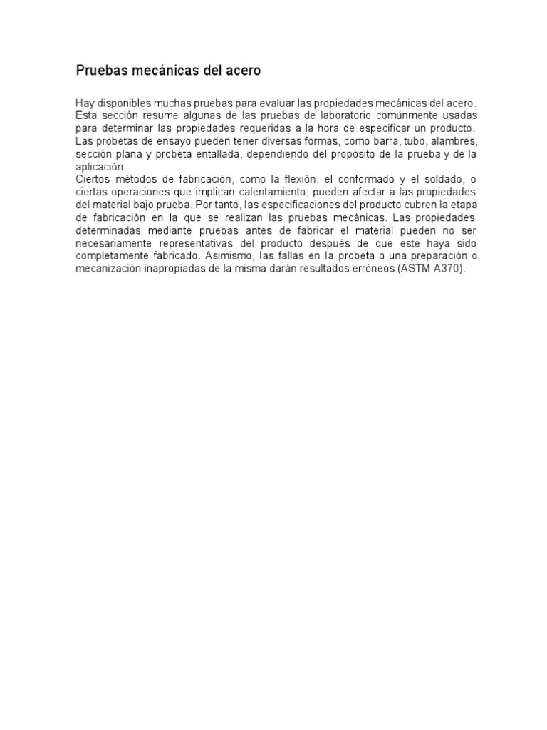 Pruebas Mecánicas Del Acero PDF | PDF | Rendimiento (ingeniería) | Acero