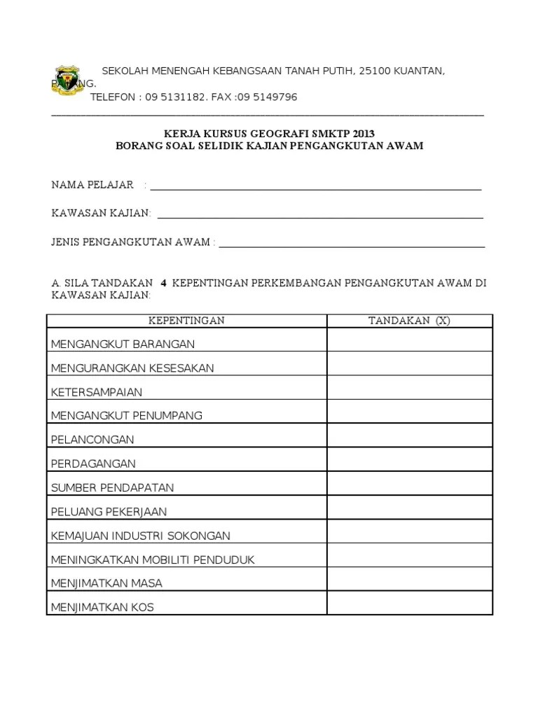 Apabila · selesai saya disokong . Borang Soal Selidik Kkg 2013 : Pengangkutan Awam