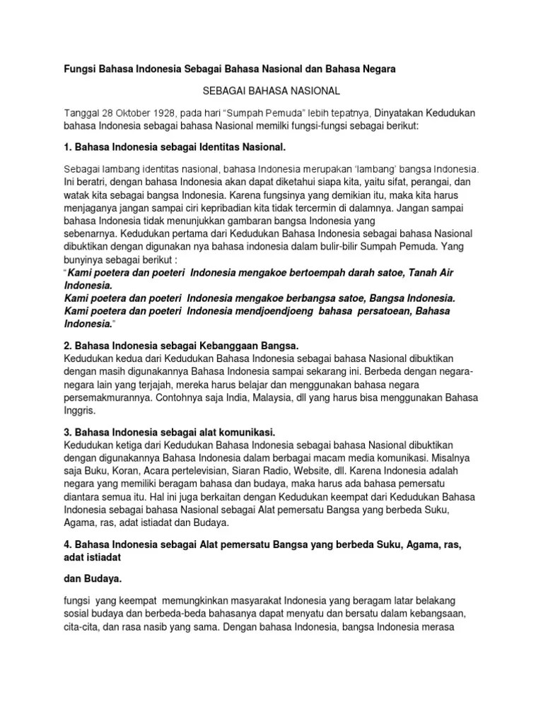 Fungsi Bahasa Indonesia Sebagai Bahasa Nasional Dan Bahasa Negara | PDF