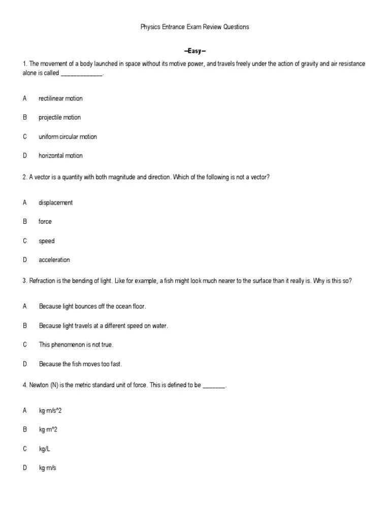 Physics Entrance Exam Review Questions A PDF | PDF | Speed Of Light | Force