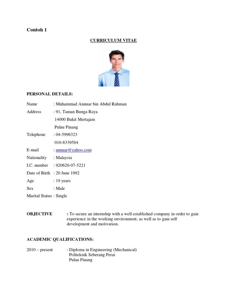 Resume ini saya gunakan untuk pemohonan latihan industri. Contoh Resume Untuk Latihan Industri Pdf Further Education Languages