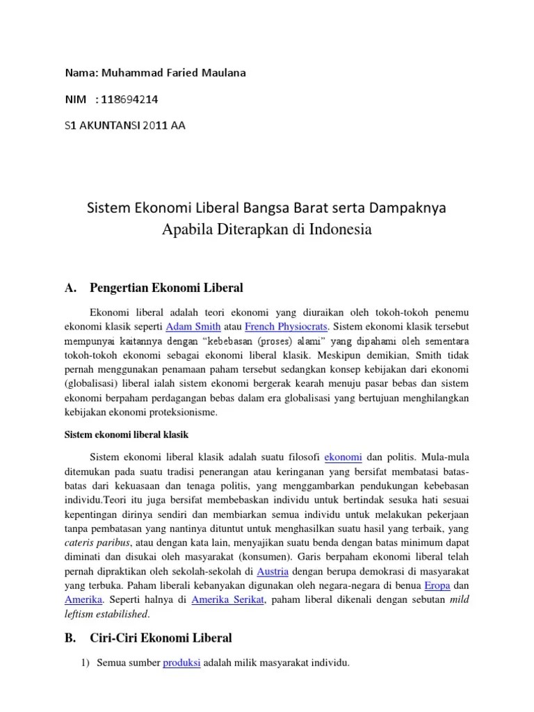 Sistem Ekonomi Liberal Bangsa Barat Serta Dampaknya Apabila Diterapkan Di  Indonesia | PDF
