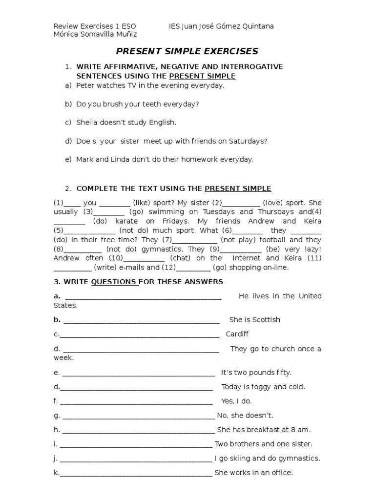 Present Simple Exercises | PDF | Leisure