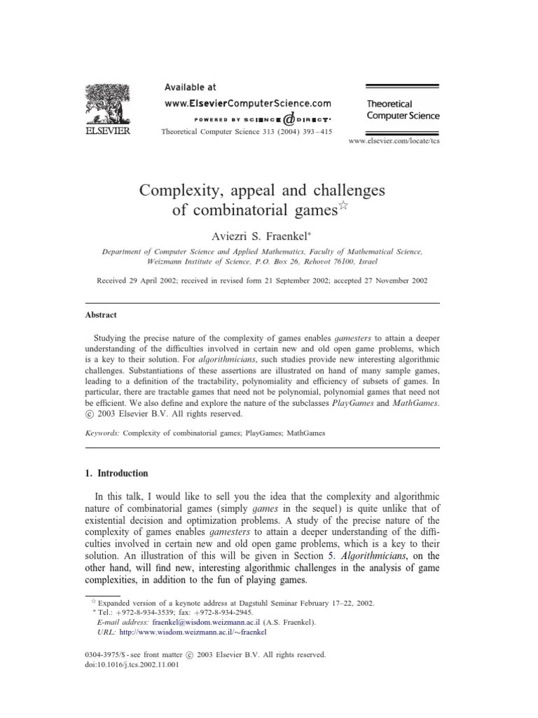 Complexity, Appeal And Challenges Of Combinatorial Games | PDF | Time ...