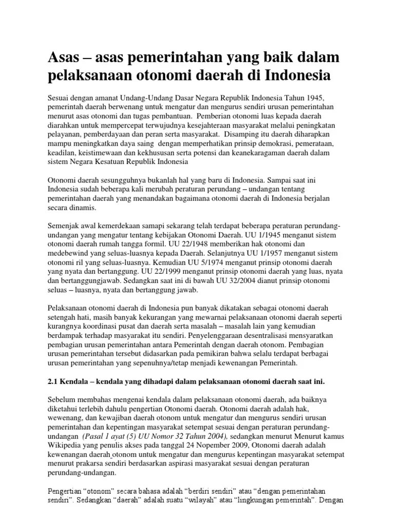 Asas - Asas Pemerintahan Yang Baik Dalam Pelaksanaan Otonomi Daerah Di  Indonesia | PDF
