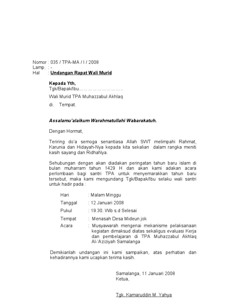 Surat permohonan disampaikan langsung staf dwp kota pontianak, siti rezeki saputri ke kantor kemenag kota pontianak pada selasa (10/8/2021) . Surat Undangan Rapat Wali Murid Utk Muharram Pdf