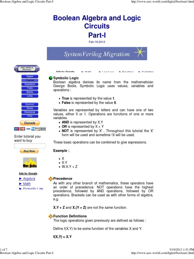 Boolean Algebra And Logic Circuits Part-I | PDF | Boolean Algebra ...