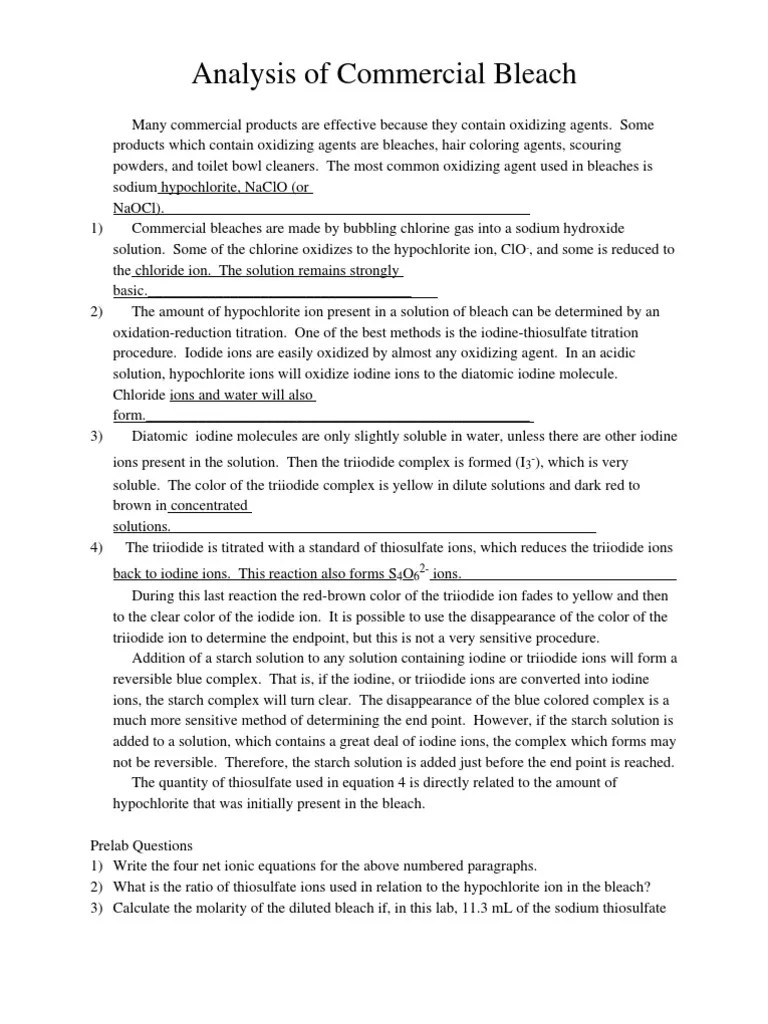 Analysis Of Bleach | PDF | Titration | Chemistry