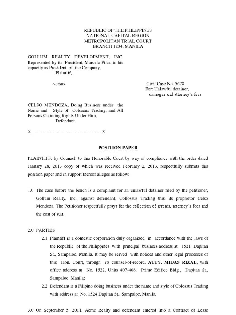 …the philippines is a for example, if the mhei is already using logical framework approach (lfa) in planning, their. Sample Position Paper for Unlawful Detainer | Eviction | Lease