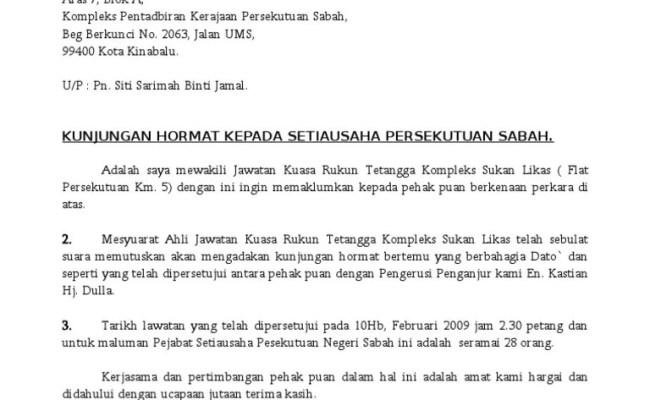 Contoh surat rasmi permohonan kunjungan hormat ketua menteri. Rasmi Contoh Surat Kunjungan Hormat Otosection