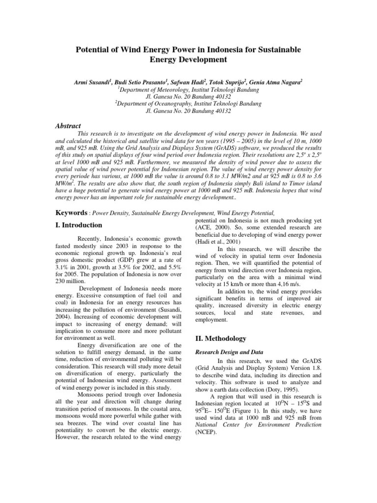 Potential Of Wind Energy Power In Indonesia | PDF | Wind Power | Indonesia