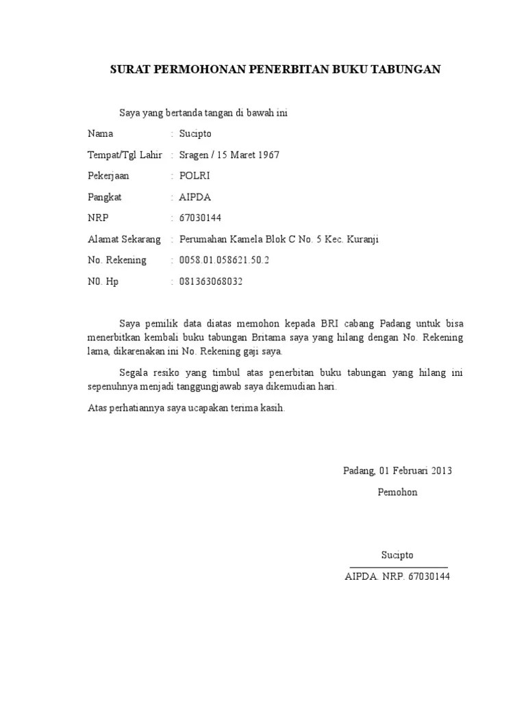 Contoh Surat Pernyataan Kehilangan Buku Tabungan Bank Bri Putribank 2020 