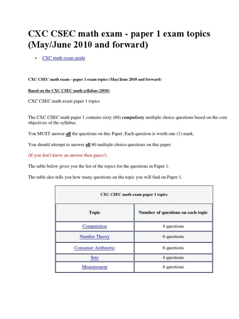 Cxc Math Exam Paper 1 And Paper 2 Exam Questions Number