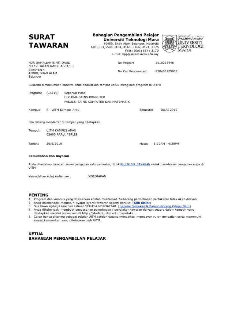 Jangan sesekali bayar bil melalui cash deposit machine / deposit transfer. Surat Tawaran Uitm Pdf