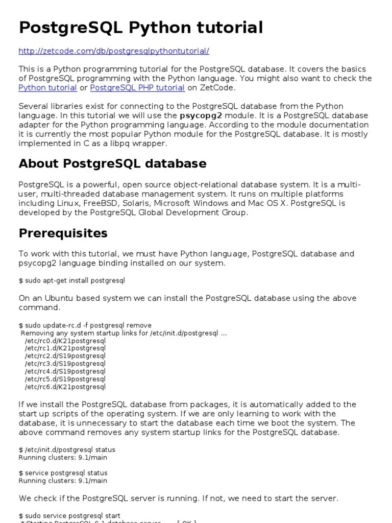 PostgreSQL Python Tutorial | PDF | Database Transaction | Postgre Sql
