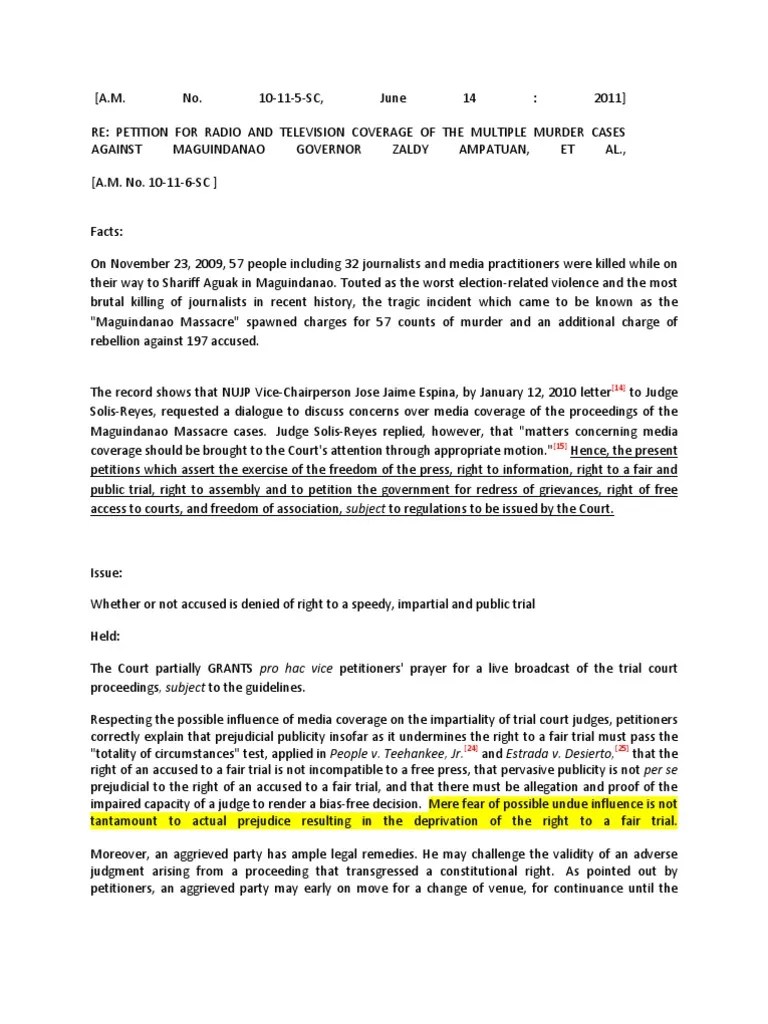Petition For Radio And TV Coverage Of Multiple Murder Cases Against ...