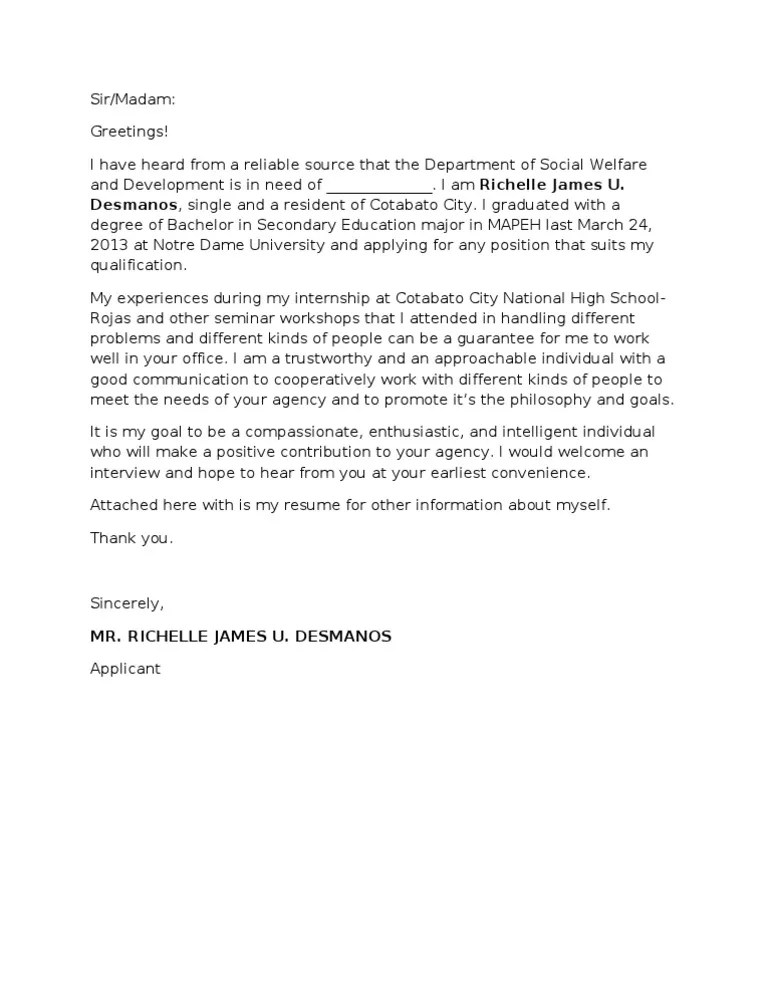 I am interested to apply for the same. Application Letter Nso Dswd Pdf