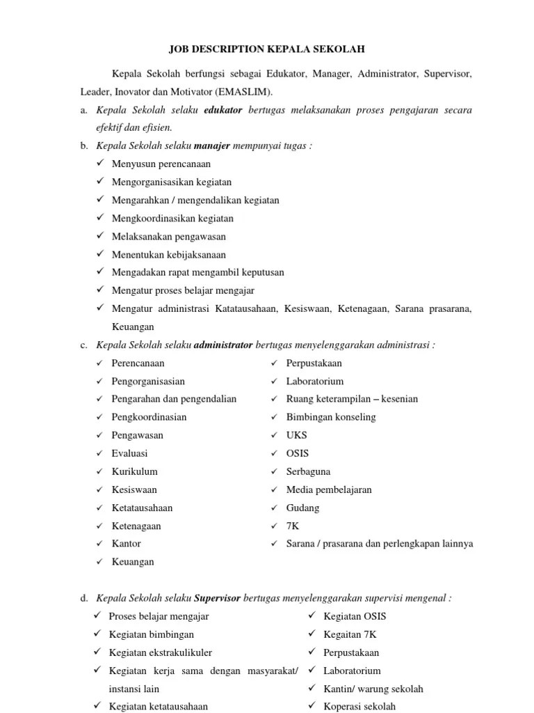 Membantu tugas yang diberikan kepala bengkel dan ketua kompetensi . Job Description Perangkat Sekolah Pdf