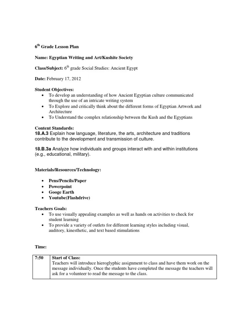Prepare for class by writing clear lesson plans that are easy to read. Lesson Plan Ancient Egypt And Kush 6th Grade Pdf Ancient Egypt Egyptian Hieroglyphs