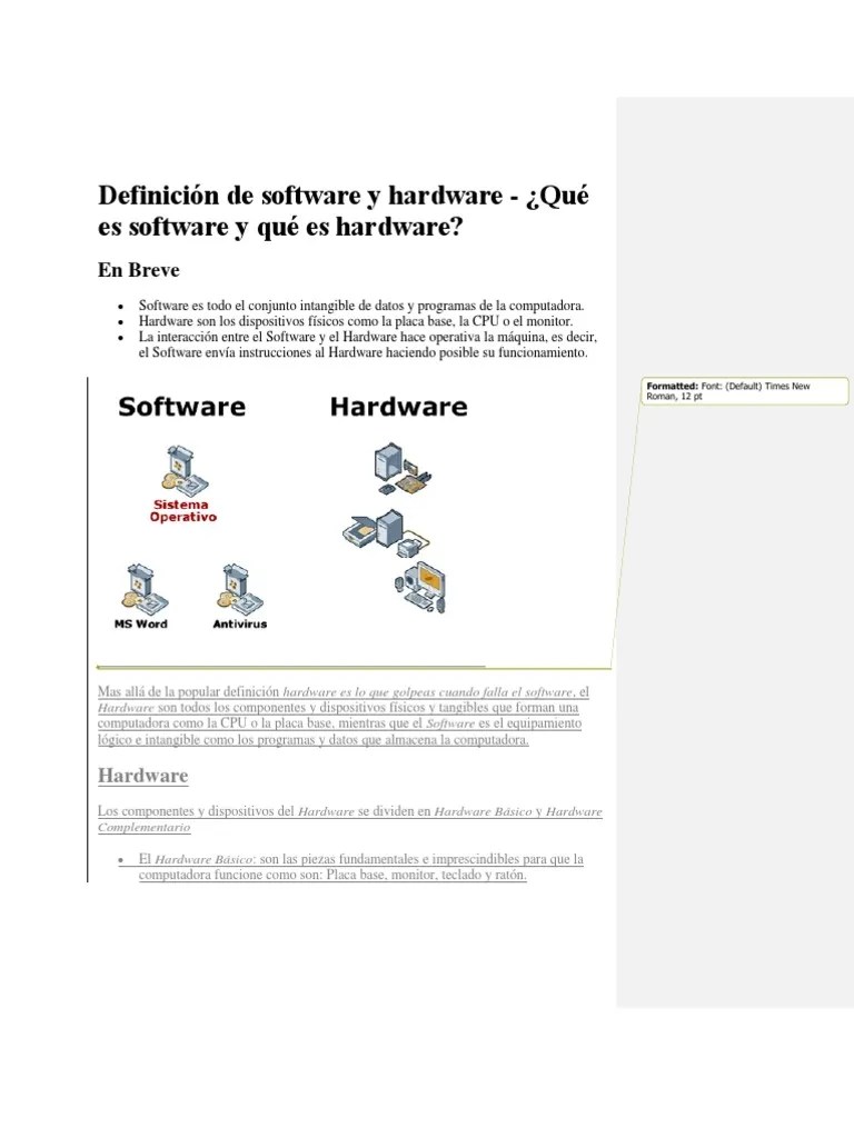 Definición De Software Y Hardware | PDF | Memoria Del Ordenador | Hardware De La Computadora