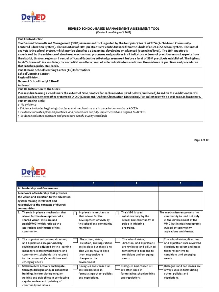 Revised SBM Assessment Tool As Of August 12 2012 | PDF
