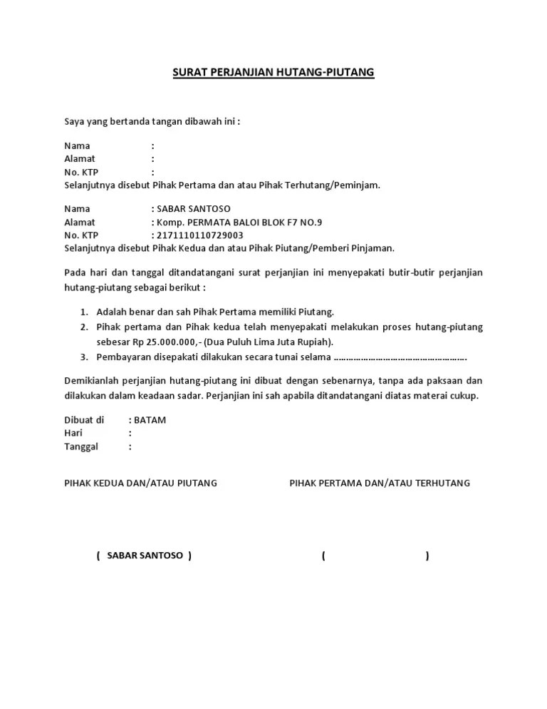 Contoh Surat Perjanjian Hutang Piutang Sederhana Dengan Jaminan Bermaterai Kata Kata Indah Surat Kata Kata 