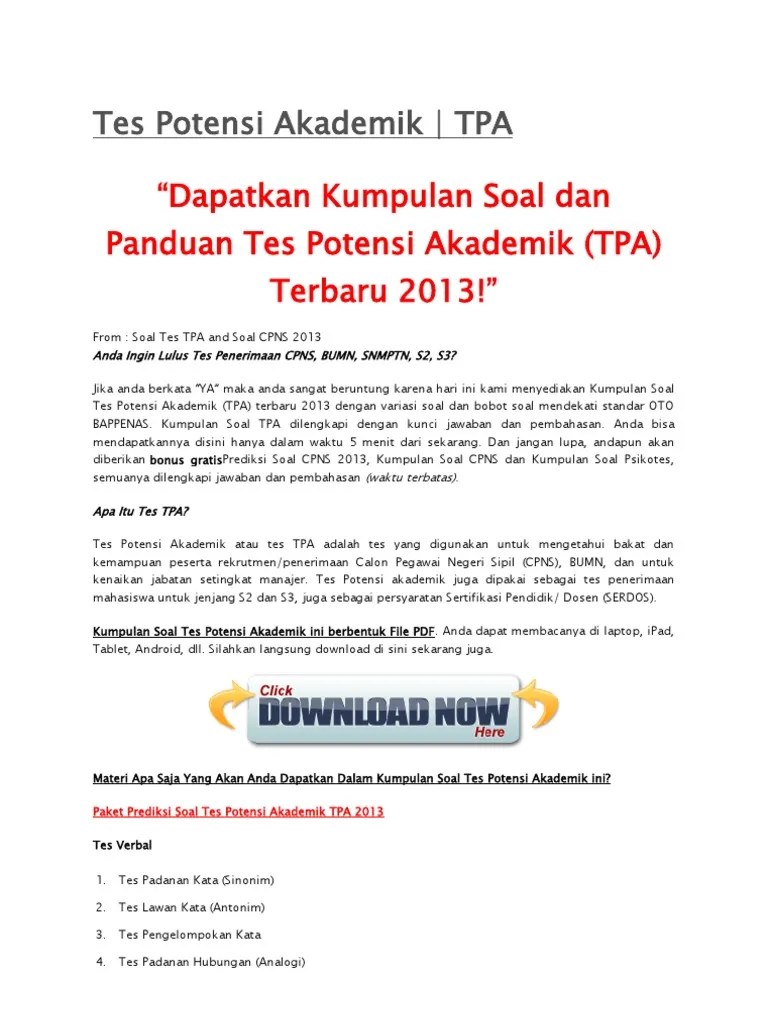 Berikut kami sajikan pembahasan soal pretest pendidikan profesi guru (ppg) atau yang dahulunya disebut ujian kompetensi guru (ukg). Tes Potensi Akademik Pdf