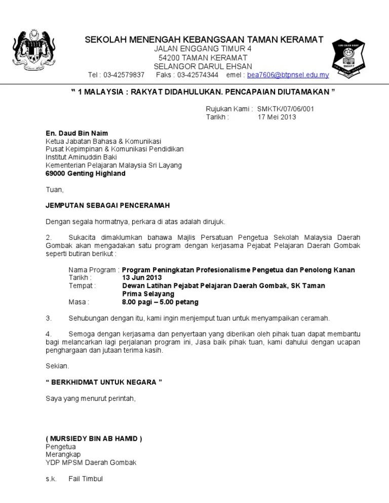 Surat Jemputan Penceramah Kesihatan En abdul samad bin sulaiman