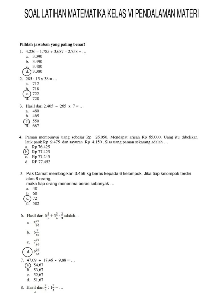 Soal semester matematika kelas vi semester 1. Soal Latihan Matematika Kelas Vi Pendalaman Materi Pdf