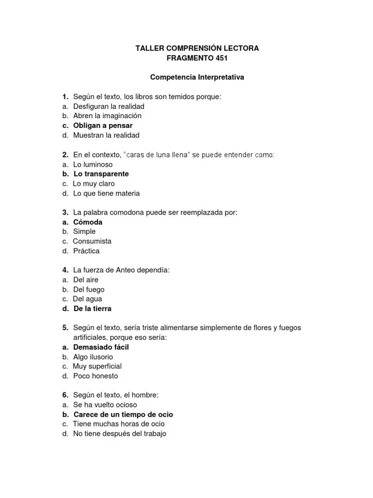 Taller Comprensión Lectora | PDF | Comillas | Lectura (proceso)