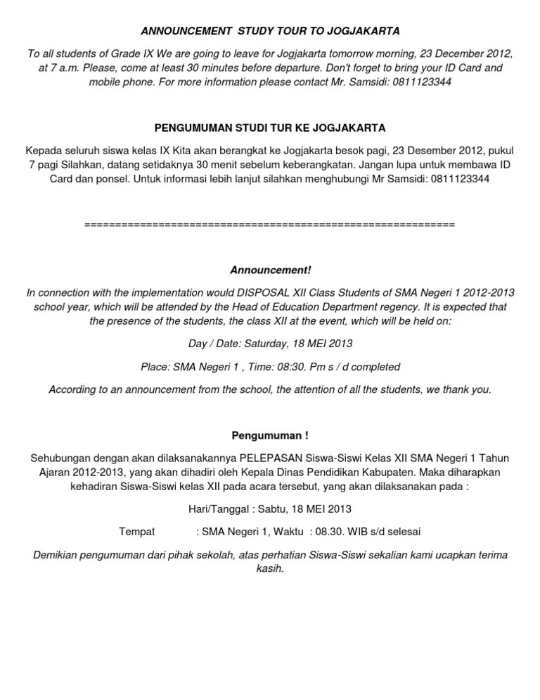 Text secara singkat dalam bahasa inggris beserta artinya. Announcement Study Tour To Jogjakarta Pdf