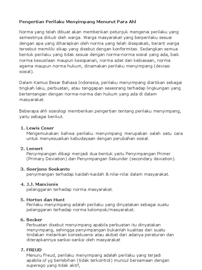 Pengertian Perilaku Menyimpang Menurut para Ahl | PDF