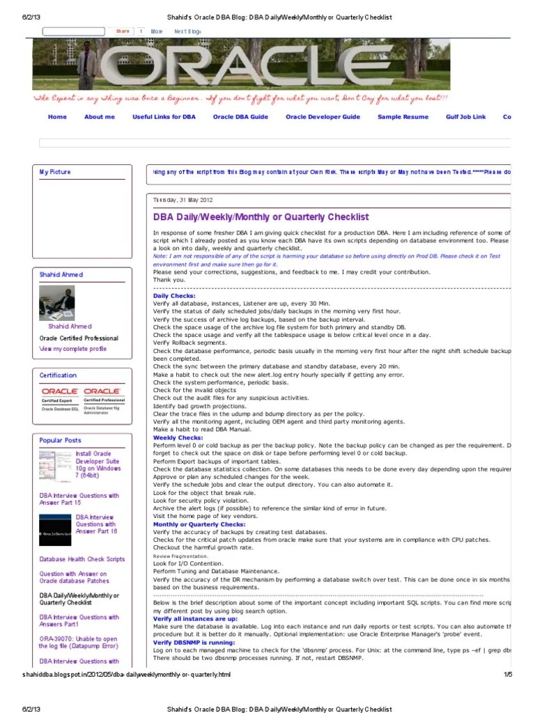 DBA Daily - Weekly - Monthly Or Quarterly Checklist | PDF | Oracle ...