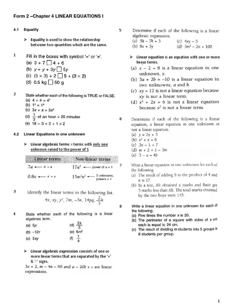 Q 2 (2q + 5) Form 2 Math Chapter 4 Linear Equation Pdf Equations Elementary Mathematics