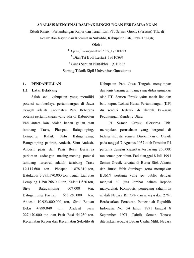 Secara garis besar, dokumen amdal terbagi dalam 4 susunan. Tgs Kelompok 1 Amdal Pertambangan Pdf