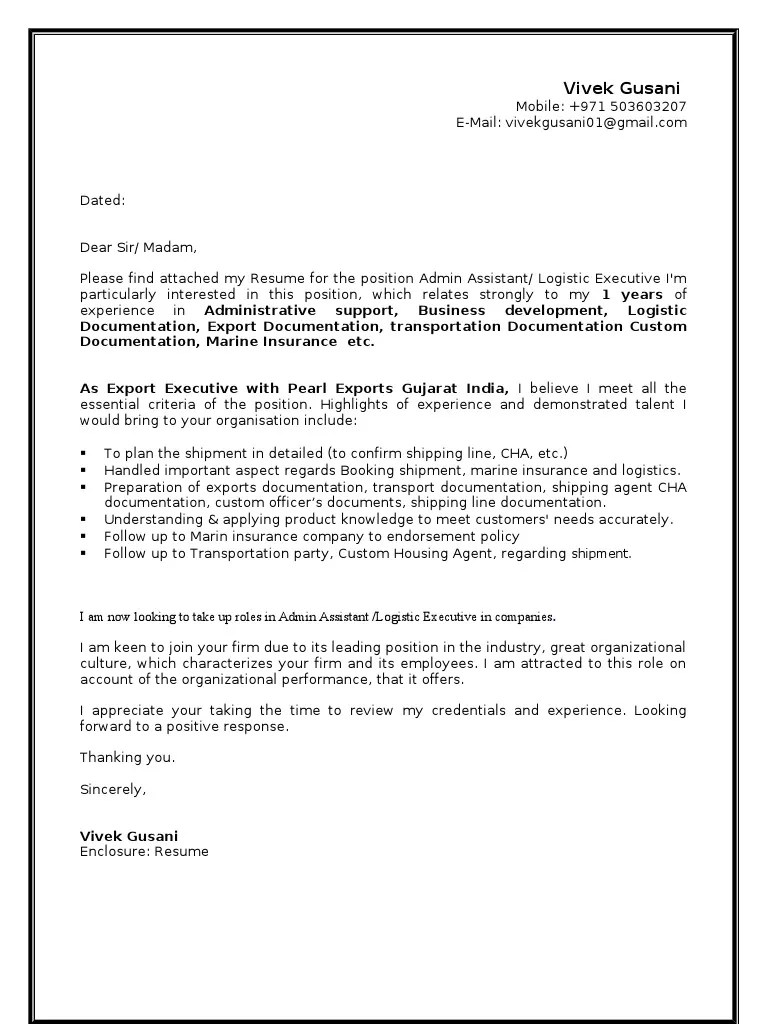 Cover Letter1 | PDF | Logistics | Business