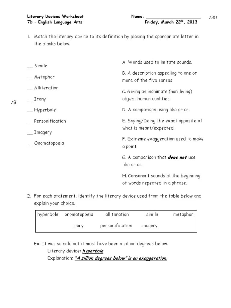 Literary devices worksheet