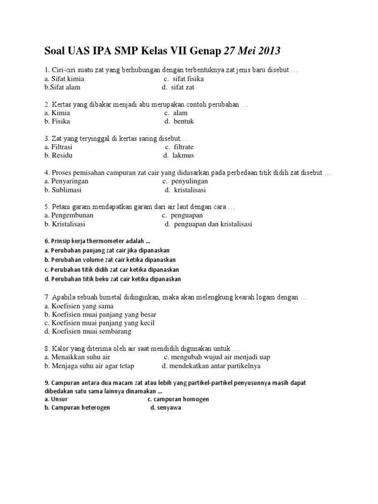 Memahami dan menentukan perbandingan dua besaran. Soal Uas Ipa Smp Kelas Vii Pdf